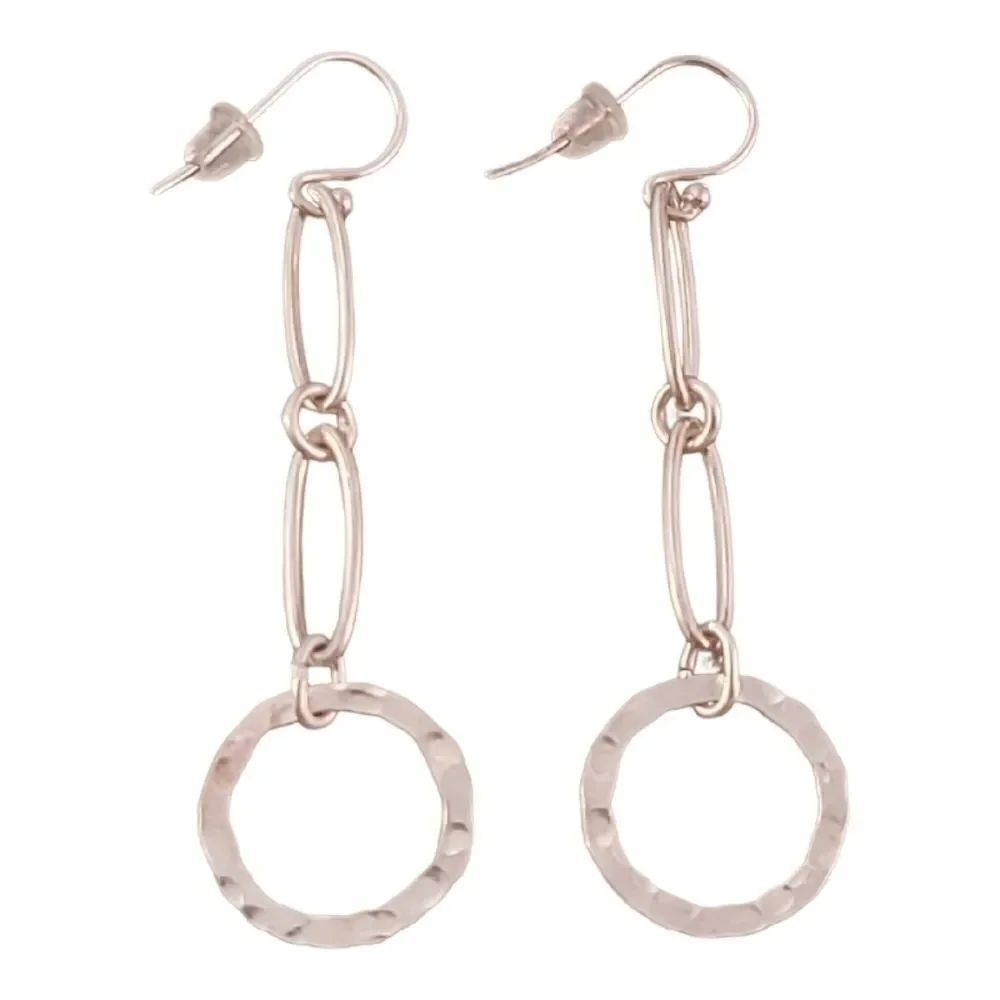 Sterling Artisan Contemporary Long Loop Chain Hammered Circle Earrings